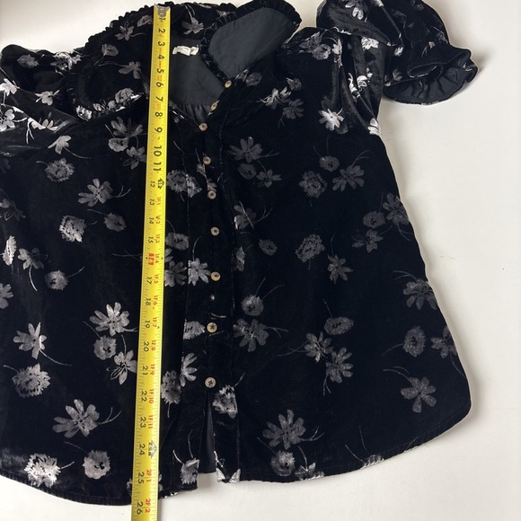 Pilcro Womens L Keira Ruffle Collar Button Front Blouse Black Velvet Floral Boho - Picture 9 of 13